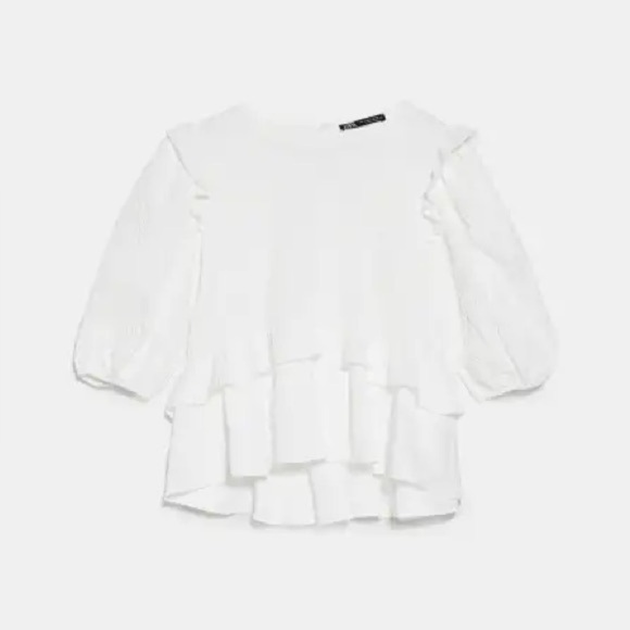 Zara Textured Ruffle Tiered Short Sleeve Peplum Top White - Picture 2 of 7